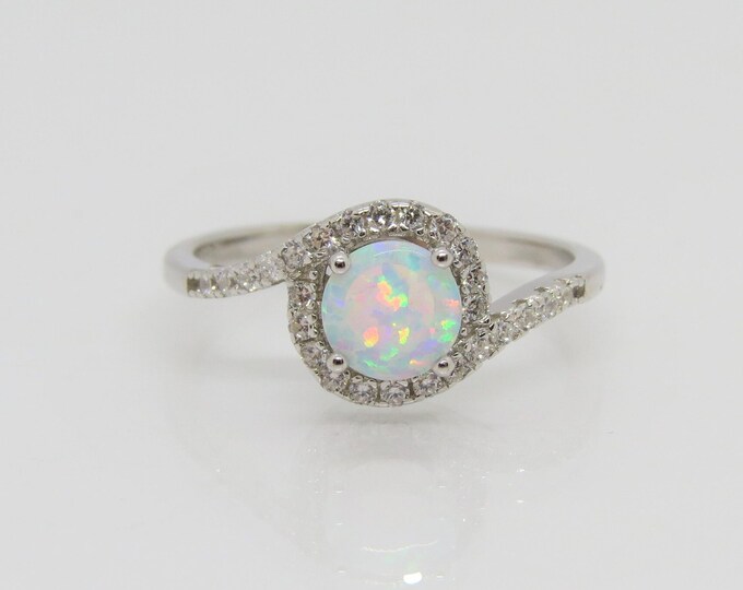 Sterling Silver Round cut White Opal & White Topaz Halo Ring Size 7