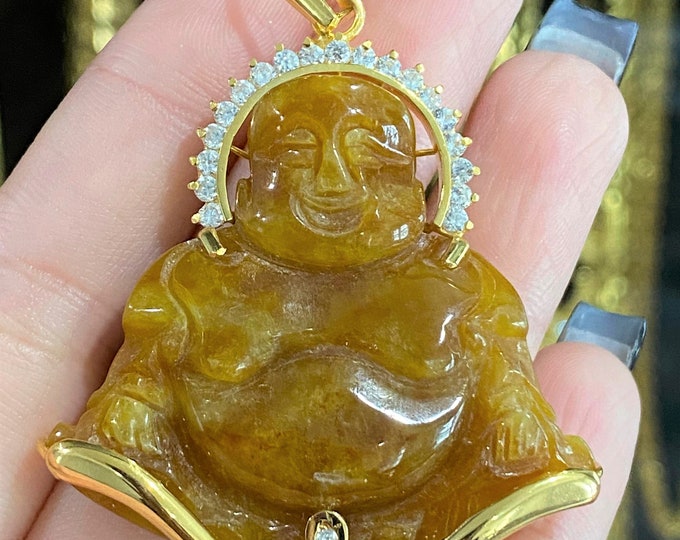 Vintage 18K Solid Yellow Gold Yellow Jadeite Jade Laughing Buddha Happy Buddha Pendant