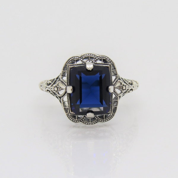 Vintage Sterling Zilver Blauwe Saffier Filigraan Ring Maat 8