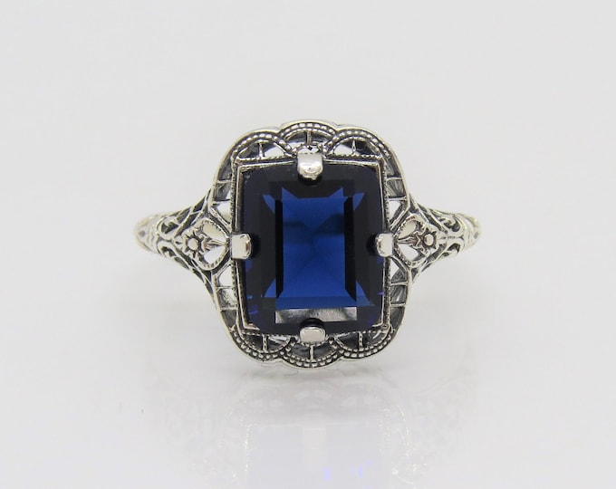 Vintage Sterling Silver Blue Sapphire Filigree Ring Size 8