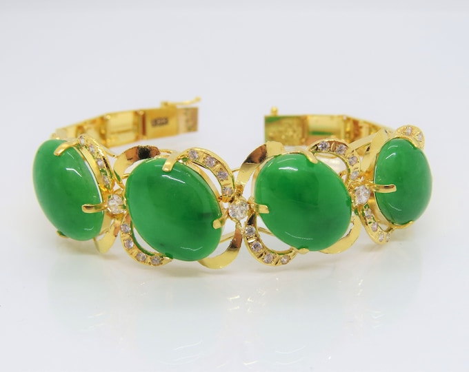 Vintage 18K Solid Gold Translucent Apple Green Jadeite Jade White Topaz Bracelet 7 2/8''