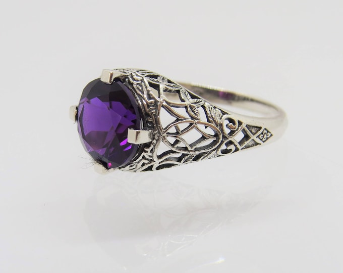 Vintage Sterling Silver Amethyst Filigree Dome Ring Size 8