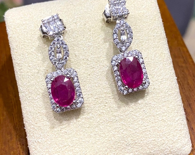 Vintage Sterling Silver Natural Oval Ruby & White Topaz Earrings.