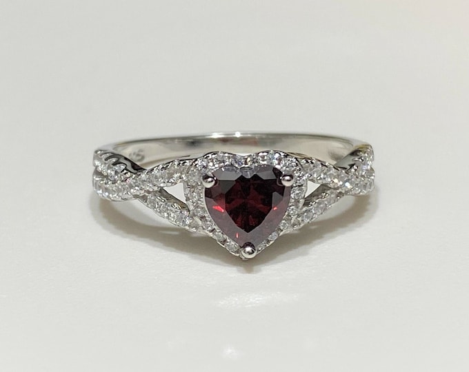 Sterling Silver Heart cut Garnet & White Topaz Ring.