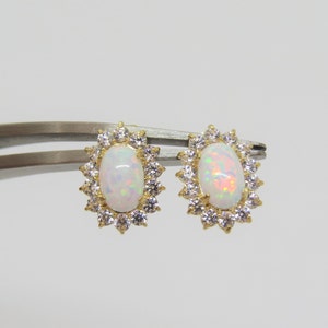 Vintage 14K Solid Yellow Gold Oval White Opal & White Topaz Earrings