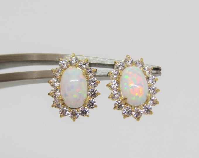 Vintage 14K Solid Yellow Gold Oval White Opal & White Topaz Earrings