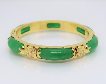 Vintage 18K Solid Gold Translucent Green Jadeite Jade & White Topaz Bamboo Bangle Bracelet 50.5MM