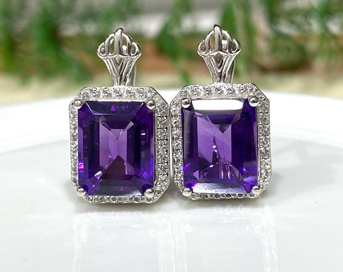 Vintage Sterling Silver 6.98ctw Natural Amethyst & White Topaz Earrings.