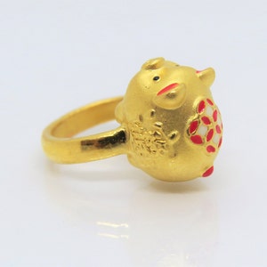 24K 999 Gold 3D Red Enamel Pig Zodiac Vintage Ring Size 8.25