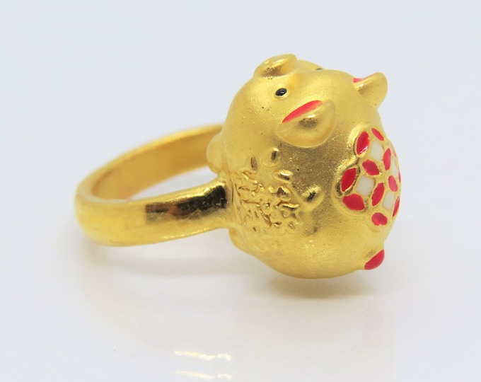 24K 999 Gold 3D Red Enamel Pig Zodiac Vintage Ring Size 8.25