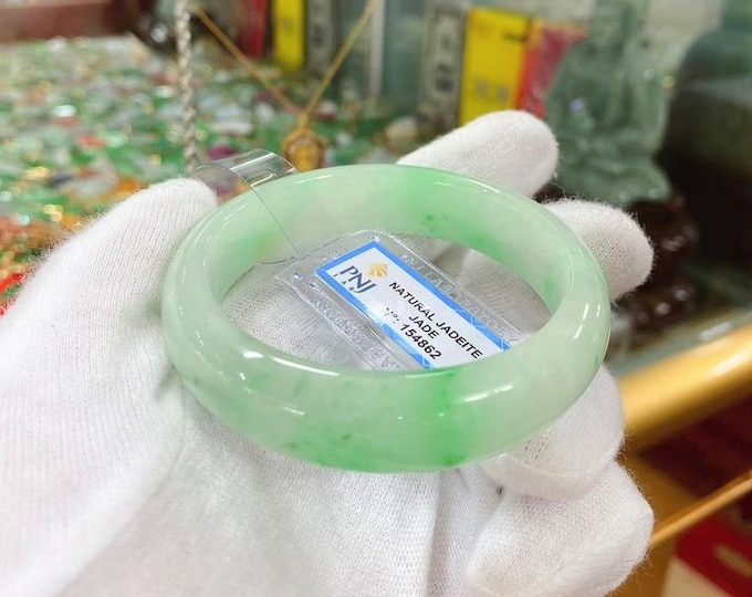 Translucent Natural Green, White Jadeite Jade Vintage Bangle Bracelet 55.1MM