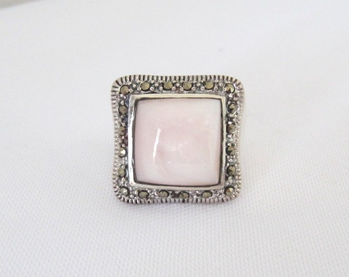 Vintage Modernist Sterling Silver Marcasite Mother of Pearl Dome Ring ...