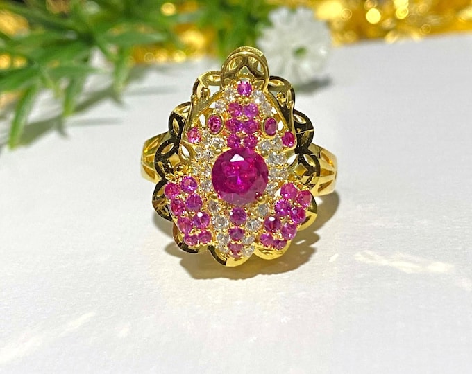 Vintage 15K 610 Solid Yellow Gold Ruby & White Topaz Ruby Eye's Frog Ring Size 6.75