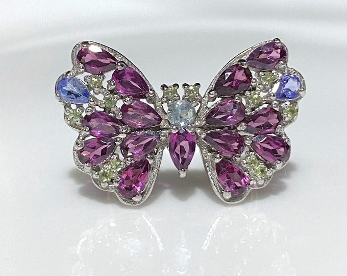 Vintage Sterling Silver Natural Rhodolite & Tanzanite, Aquamarine, Peridot Butterfly Ring Size 7.5