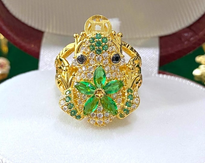 Vintage 15K 610 Solid Yellow Gold Emerald, White Topaz & Black Sapphire Eye's Frog Flower Ring Size 7