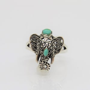 Anel de filigrana de elefante Ganesha turquesa de prata esterlina vintage tamanho 6