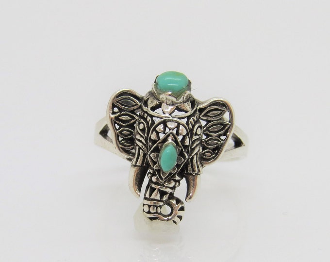 Vintage Sterling Silver Turquoise Ganesha Elephant Filigree Ring Size 6