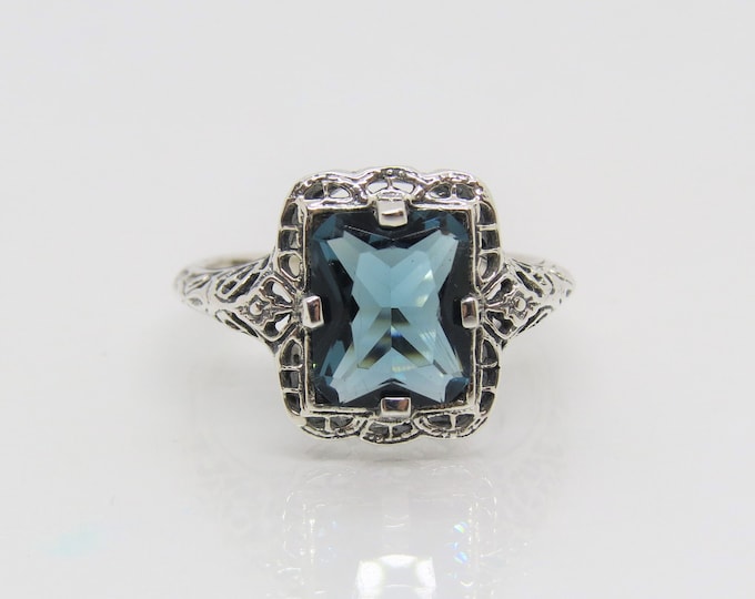 Vintage Sterling Silver London Blue Topaz Filigree Ring Size 8