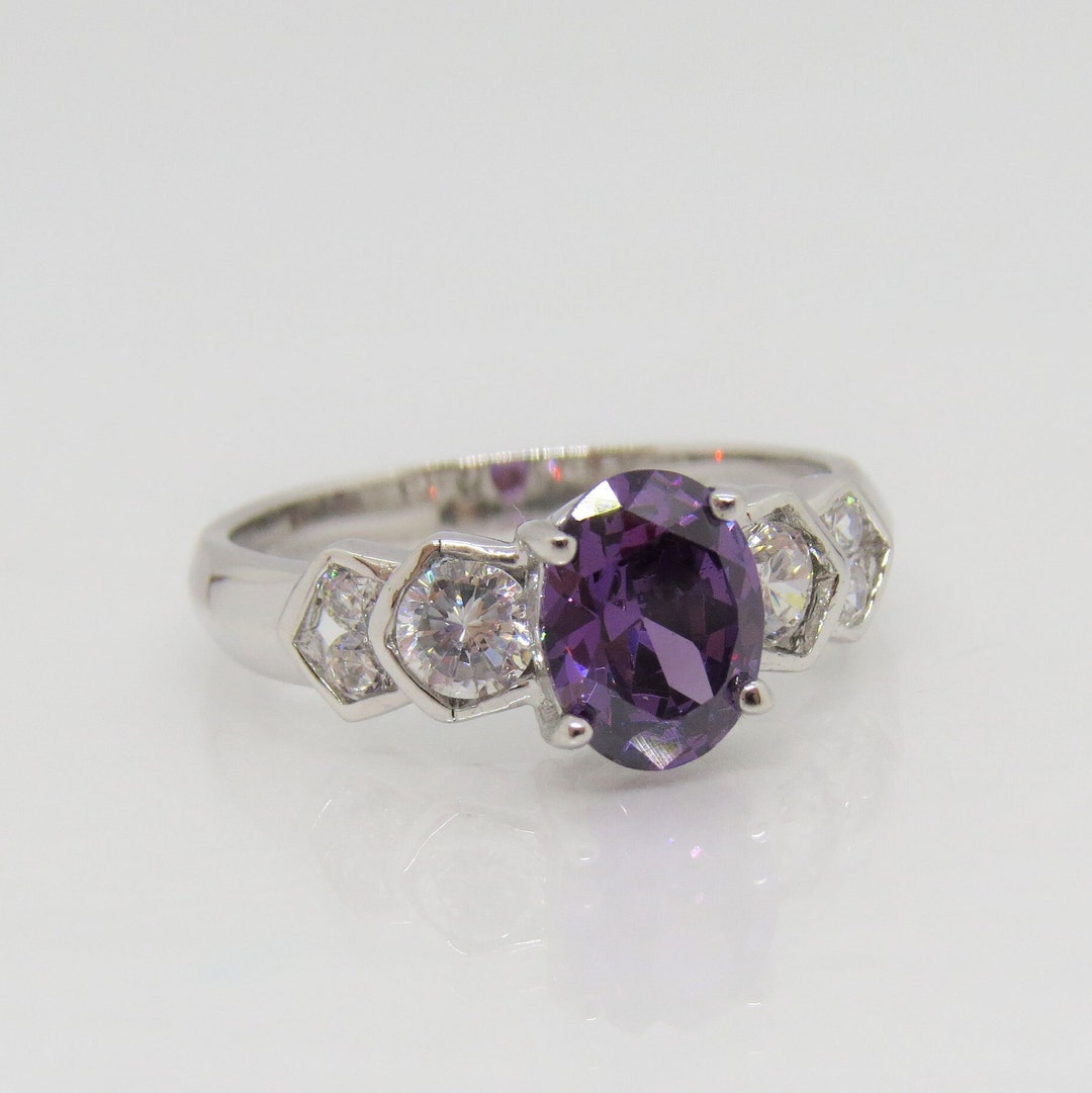 Sterling Silver Amethyst & White Topaz Ring – Oval Gemstone With Marquise Side Stones