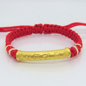 Vintage 24K 9999 Yellow Gold Sutra Six Word LUCK with Red, Yellow Weave Adjusable Bracelet 8 1/2&#39;&#39;