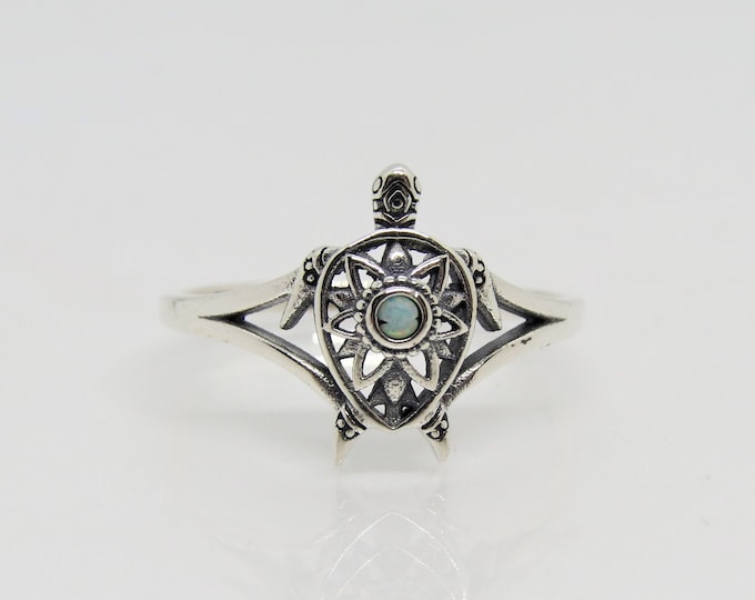 Vintage Sterling Silver White Opal Turtle Filigree Ring Size 7
