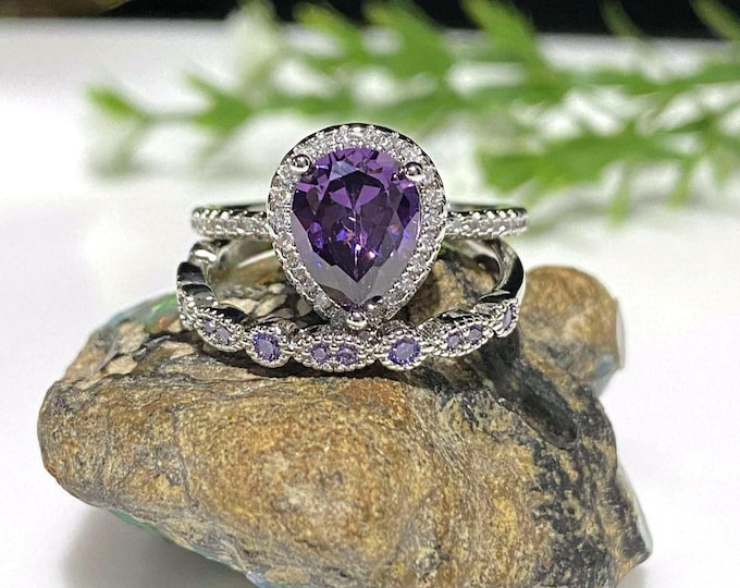 Vintage Sterling Silver Amethyst, White Topaz Engagement Ring Set Size 7