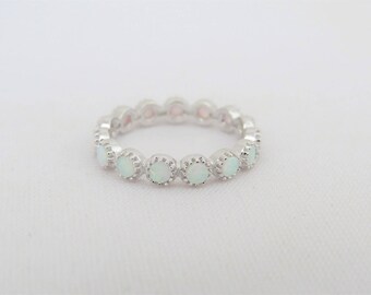 Vintage Sterling Silver Round White Opal Eternity Band Ring Size 8