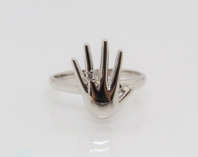 Vintage Sterling Silver White Topaz Hand Ring Size 8
