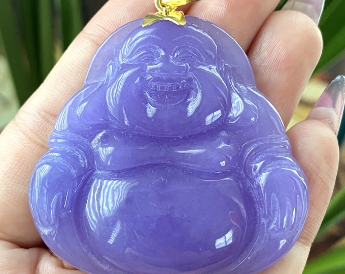 Vintage 14K Solid Yellow Gold Purple Jadeite Jade Laughing Buddha, Happy Buddha Pendant Mat Ong Dia, Mat Phat Di Lac.