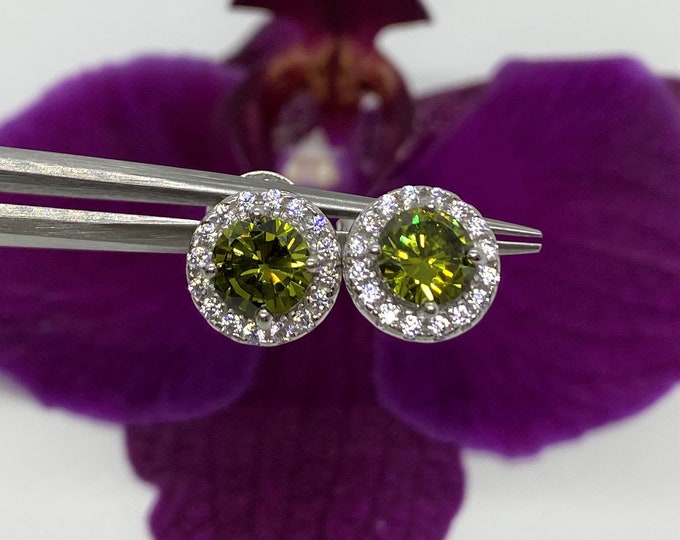 Vintage Sterling Silver Peridot & White Topaz Halo Earrings.