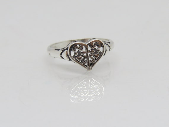 Vintage Sterling Silver Cross Heart Filigree Ring… - image 6