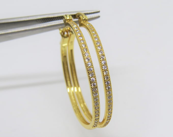 Vintage Sterling Silver 14K Gold Plate White Topaz Hoop Earrings 25MM