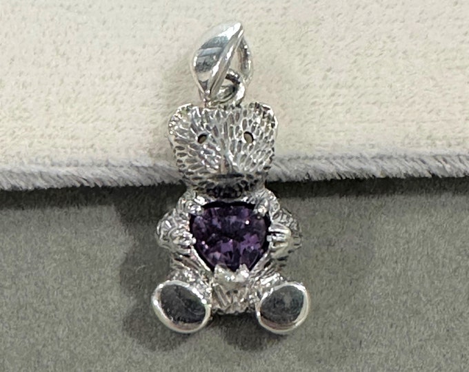 Vintage Sterling Silver Bear Amethyst Charm Pendant