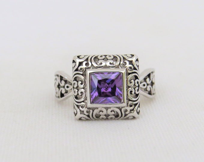 Vintage Sterling Silver Princess cut Amethyst Filigree Ring Size 7