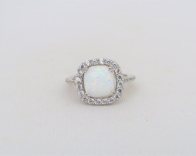Vintage Sterling Silver White Opal & White Topaz Engagement Ring Size 7