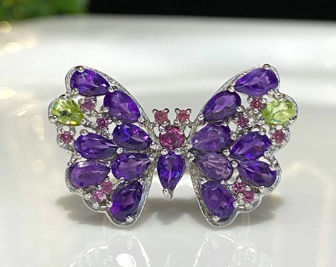 Vintage Sterling Silver Natural Amethyst, Rhodolite & Peridot Butterfly Ring Size 7.5