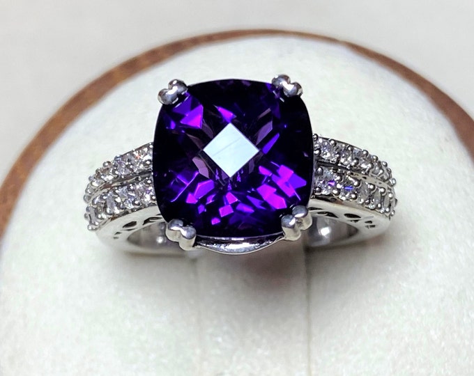 Vintage 14K Solid White Gold 3.71ct Natural Amethyst & Diamond Engagement Ring Size 5.5