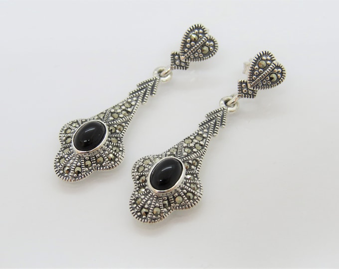 Vintage Sterling Silver Oval Cut Black Onyx & Marcasite Drop Earrings
