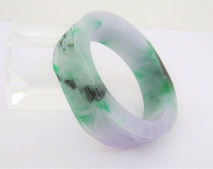 Vintage Translucent Dark Green Lavender Jadeite Jade Carved Ruyi Bangle Bracelet 51MM