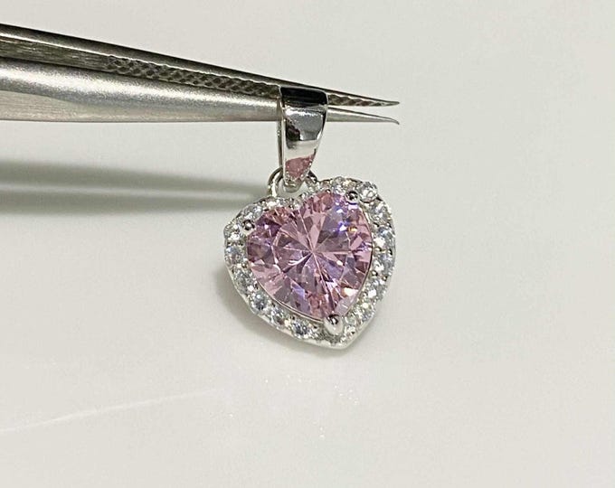 Vintage Sterling Silver Pink Sapphire & White Topaz Heart Pendant.