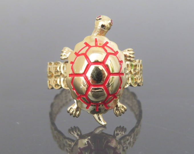 Vintage 18K Solid Yellow Gold Red Enamel Ruby Lucky Money Coin Turtle Moveable Ring Size 8.25