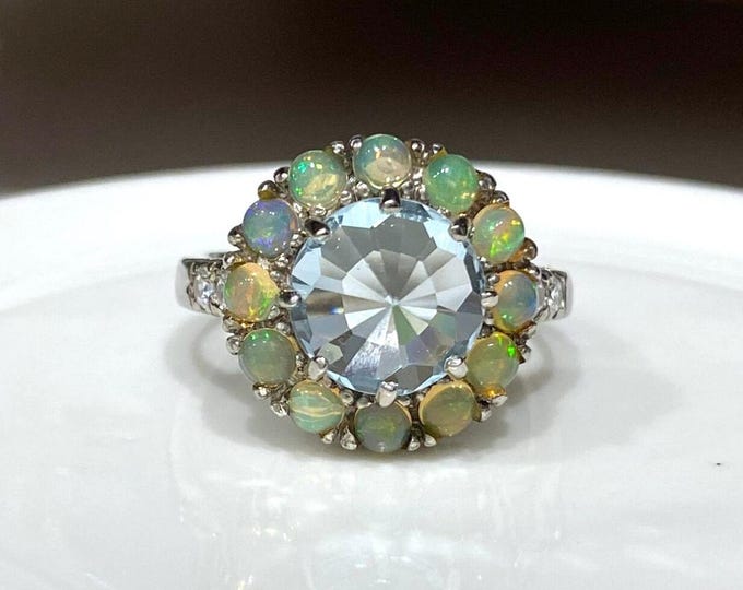 Vintage Sterling Silver Natural Fire Opal & Aquamarine Ring Size 8.5