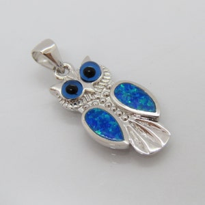 May include: Silver owl pendant with blue opal accents and black evil eye details.