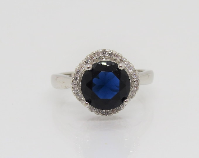 Vintage Sterling Silver Round cut Blue Sapphire & White Topaz Cocktail Ring Size 8
