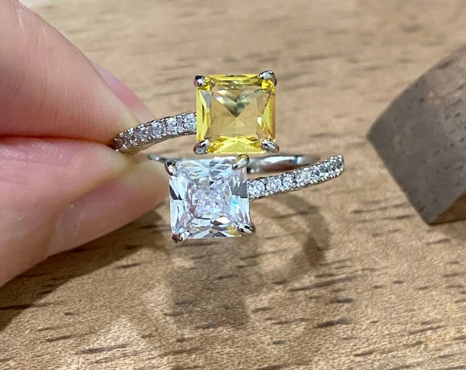 Vintage Sterling Silver Yellow Sapphire & White Topaz Bypass Ring Size 9.