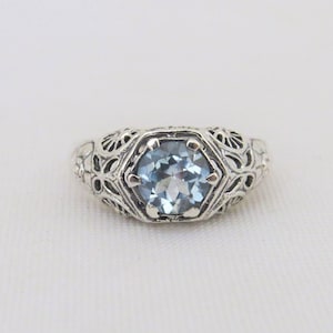 Vintage Sterling Silver Aquamarine Filigree Ring Size 6