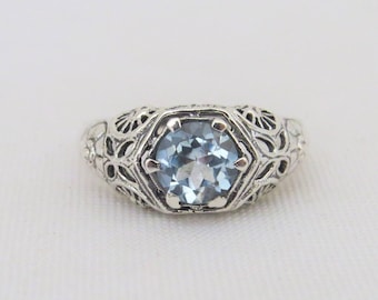 Vintage Sterling Silver Aquamarine Filigree Ring Size 6