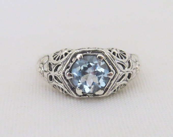 Vintage Sterling Silver Aquamarine Filigree Ring Size 6