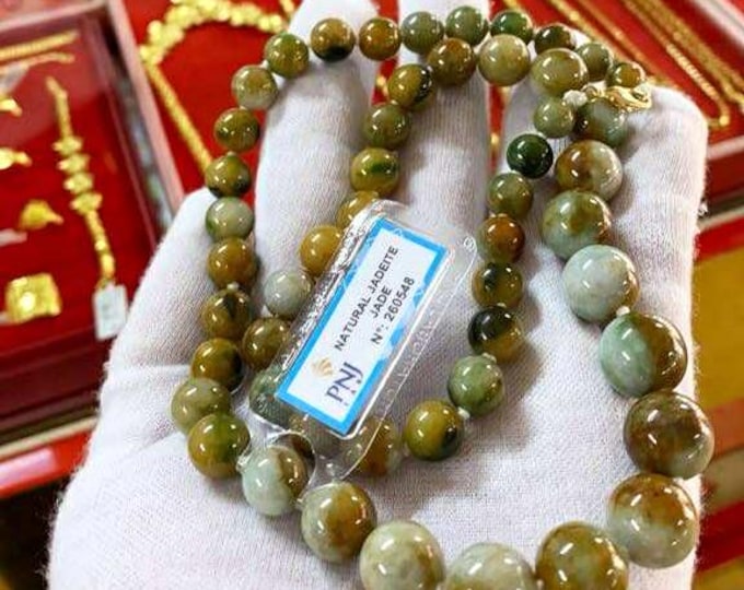 Vintage 14K Yellow Gold Translucent Natural Green, Brown Jadeite Jade Bead Necklace 23''