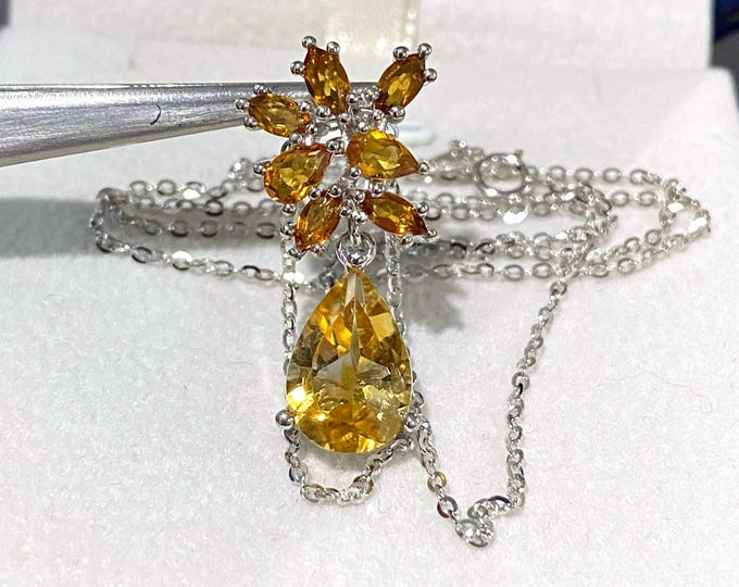 Vintage Sterling Silver Natural Citrine Pendant Chain. 17''